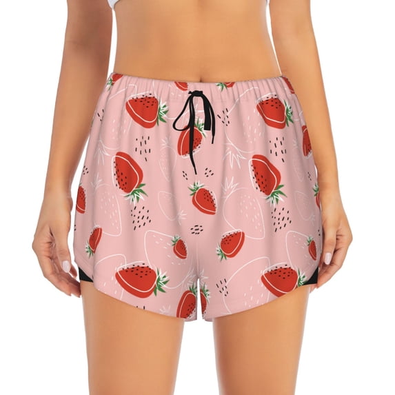 Bixox Women's Strawberry pattern 2 in 1 Running Shorts - Lightweight Athletic Workout Gym Yoga Shorts Liner with Pockets -