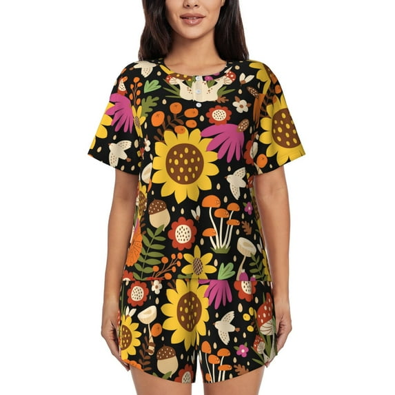 Bixox Women's Sunflowers Mushrooms Printed Pajama Set 2 Piece Lounge Set Top and Shorts Soft Pajamas, Shorts with Pockets