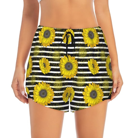 Bixox Women's Sunflowers On Black And White Stripes pattern 2 in 1 Running Shorts - Lightweight Athletic Workout Gym Yoga Shorts Liner with Pockets - Medium