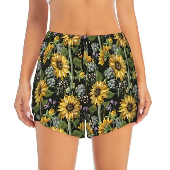 Bixox Women's Sunflowers pattern 2 in 1 Running Shorts - Lightweight Athletic Workout Gym Yoga Shorts Liner with Pockets - X-Large