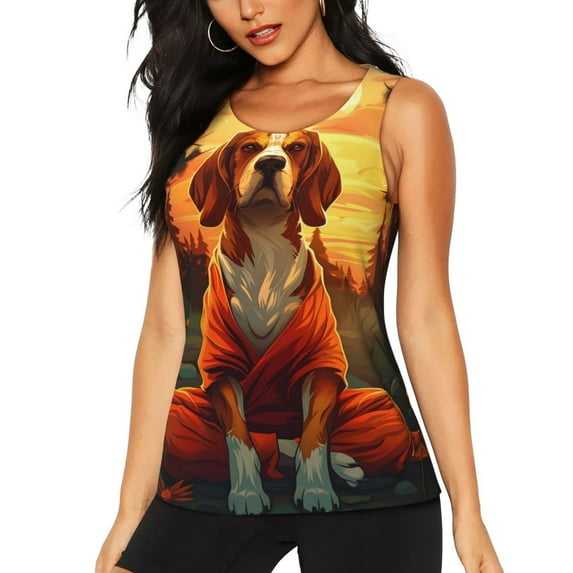Bixox Women's Sunset Meditating Dog Printed Sleeveless Fitness Workout Running Quick-Dry Tank Top