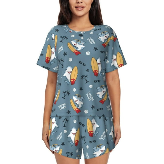 Bixox Women's Surf Shark Printed Pajama Set 2 Piece Lounge Set Top and Shorts Soft Pajamas, Shorts with Pockets
