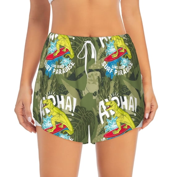 Bixox Women's Surfing Dinosaur pattern 2 in 1 Running Shorts - Lightweight Athletic Workout Gym Yoga Shorts Liner with Pockets - Large