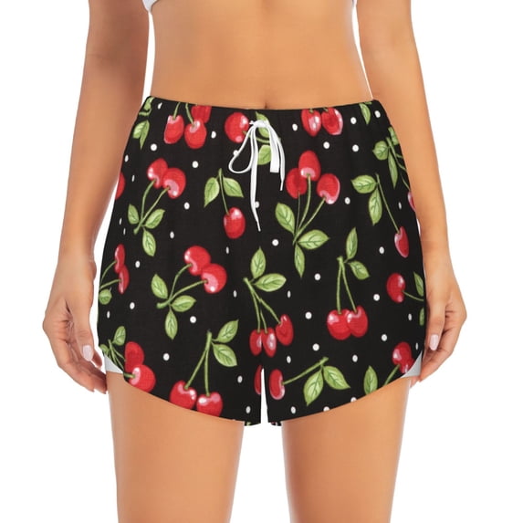 Bixox Women's Sweet Red Cherry pattern 2 in 1 Running Shorts - Lightweight Athletic Workout Gym Yoga Shorts Liner with Pockets - Medium