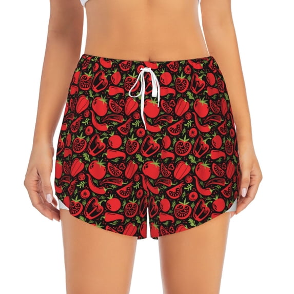 Bixox Women's Tomatoes And Chili pattern 2 in 1 Running Shorts - Lightweight Athletic Workout Gym Yoga Shorts Liner with Pockets - Medium