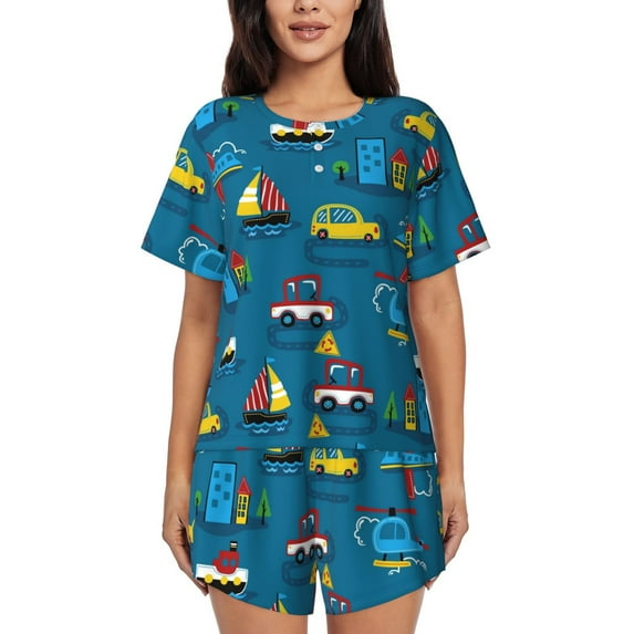 Bixox Women's Transportations with Buildings Printed Pajama Set 2 Piece Lounge Set Top and Shorts Soft Pajamas, Shorts with Pockets