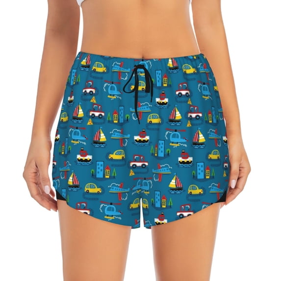 Bixox Women's Transportations with Buildings pattern 2 in 1 Running Shorts - Lightweight Athletic Workout Gym Yoga Shorts Liner with Pockets - Large