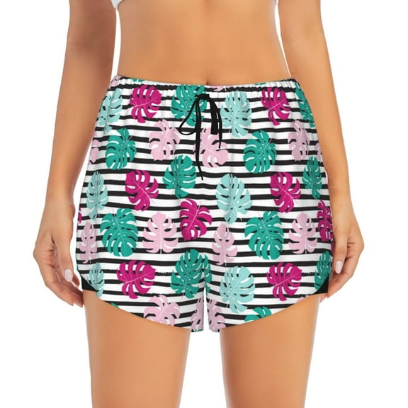 Bixox Women's Tropical Leaves pattern 2 in 1 Running Shorts - Lightweight Athletic Workout Gym Yoga Shorts Liner with Pockets - Small