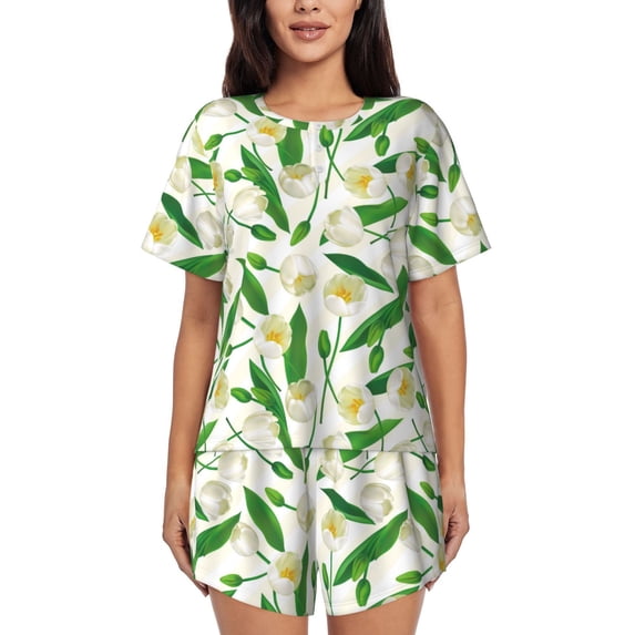 Bixox Women's Tulips Flowers Printed Pajama Set 2 Piece Lounge Set Top and Shorts Soft Pajamas, Shorts with Pockets