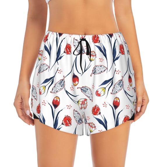 Bixox Women's Tulips Flowers pattern 2 in 1 Running Shorts - Lightweight Athletic Workout Gym Yoga Shorts Liner with Pockets - Large