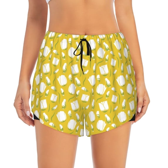 Bixox Women's Tulips Flowers pattern 2 in 1 Running Shorts - Lightweight Athletic Workout Gym Yoga Shorts Liner with Pockets - Small
