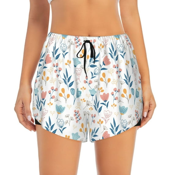 Bixox Women's Tulips Flowers pattern 2 in 1 Running Shorts - Lightweight Athletic Workout Gym Yoga Shorts Liner with Pockets - X-Large