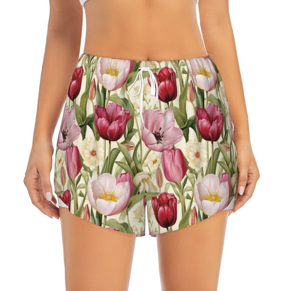 Bixox Women's Tulips Flowers pattern 2 in 1 Running Shorts - Lightweight Athletic Workout Gym Yoga Shorts Liner with Pockets - XX-Large