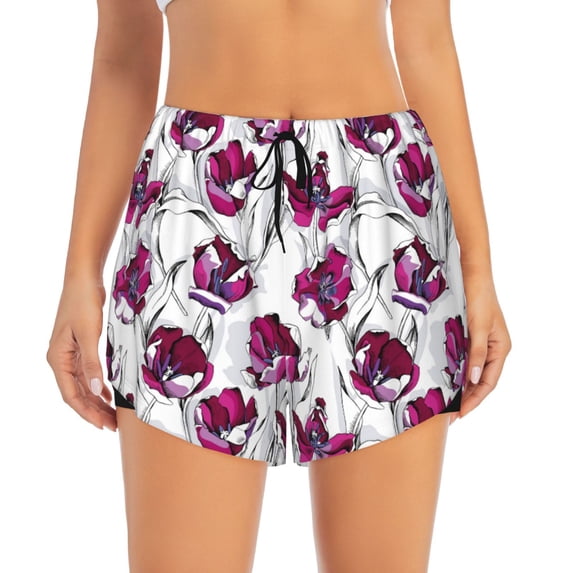 Bixox Women's Tulips Flowers pattern 2 in 1 Running Shorts - Lightweight Athletic Workout Gym Yoga Shorts Liner with Pockets -