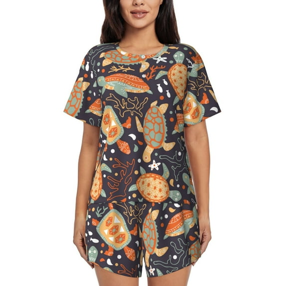 Bixox Women's Turtles and Sea Plants Printed Pajama Set 2 Piece Lounge Set Top and Shorts Soft Pajamas, Shorts with Pockets