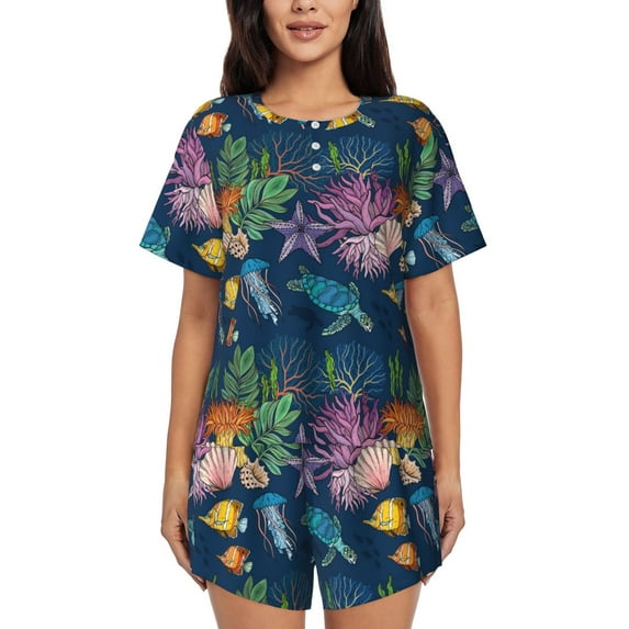 Bixox Women's Undersea Animals Printed Pajama Set 2 Piece Lounge Set Top and Shorts Soft Pajamas, Shorts with Pockets