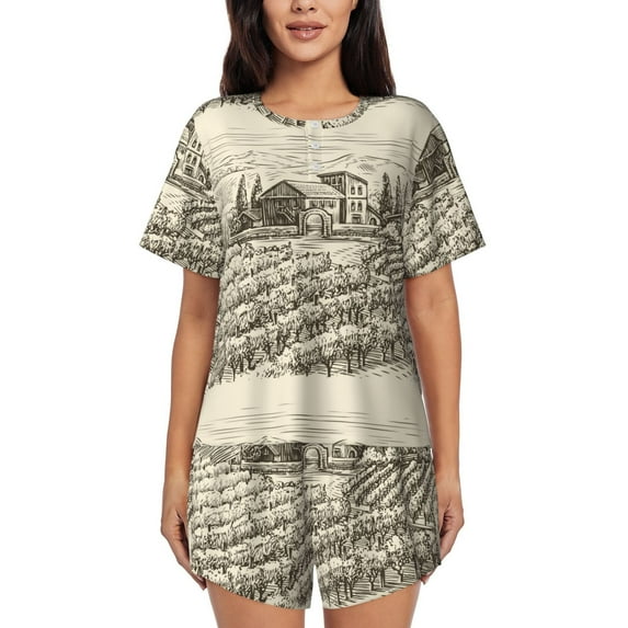 Bixox Women's Vineyard Landscape Printed Pajama Set 2 Piece Lounge Set Top and Shorts Soft Pajamas, Shorts with Pockets