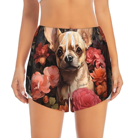 Bixox Women's Vintage Red Flower Chihuahua pattern 2 in 1 Running Shorts - Lightweight Athletic Workout Gym Yoga Shorts Liner with Pockets - XX-Large