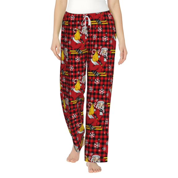 Bixox Women's Vintage Santa Skiing Red Plaid Patterned Pajama Pants Loungewear