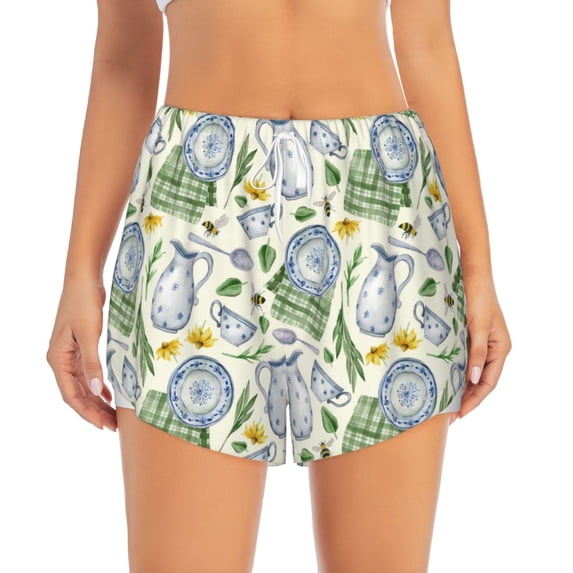 Bixox Women's Vintage Utensils pattern 2 in 1 Running Shorts - Lightweight Athletic Workout Gym Yoga Shorts Liner with Pockets - Large