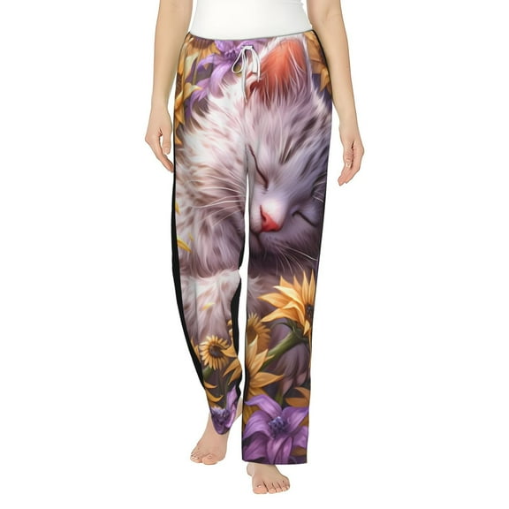Bixox Women's Warm Sunflower Sleeping Cat Patterned Pajama Pants Loungewear