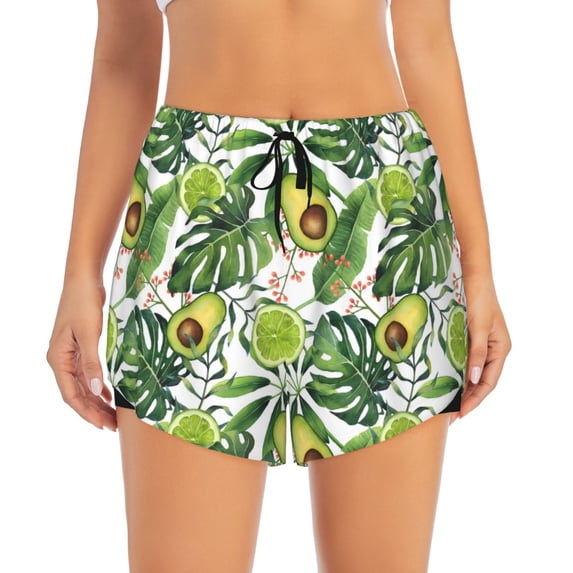 Bixox Women's Watercolor Green Tropical pattern 2 in 1 Running Shorts - Lightweight Athletic Workout Gym Yoga Shorts Liner with Pockets - X-Large