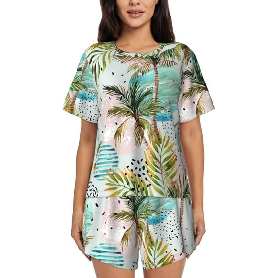 Bixox Women's Watercolor Palm Tree Printed Pajama Set 2 Piece Lounge Set Top and Shorts Soft Pajamas, Shorts with Pockets