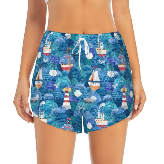Bixox Women's Watercolor Ships pattern 2 in 1 Running Shorts - Lightweight Athletic Workout Gym Yoga Shorts Liner with Pockets - X-Large