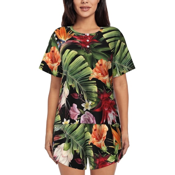 Bixox Women's Watercolor Tropical Flowers Printed Pajama Set 2 Piece Lounge Set Top and Shorts Soft Pajamas, Shorts with Pockets