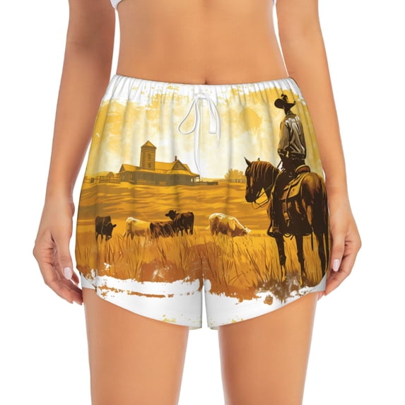Bixox Women's Western Cowboy Ranch pattern 2 in 1 Running Shorts - Lightweight Athletic Workout Gym Yoga Shorts Liner with Pockets - Medium