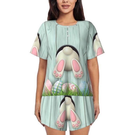 Bixox Women's White Bunny Bottom And Easter Eggs Printed Pajama Set 2 Piece Lounge Set Top and Shorts Soft Pajamas, Shorts with Pockets