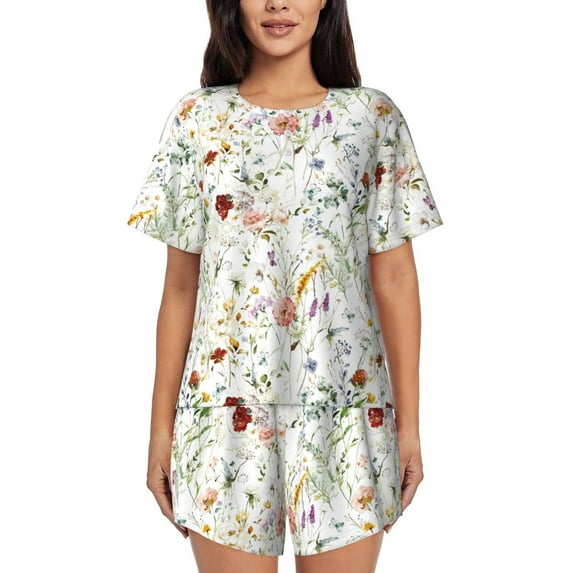 Bixox Women's Wildflower Watercolor Printed Pajama Set 2 Piece Lounge Set Top and Shorts Soft Pajamas, Shorts with Pockets