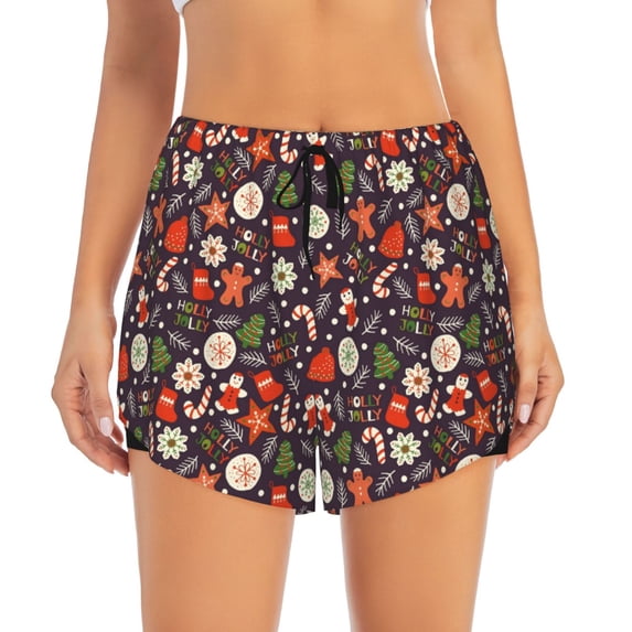 Bixox Women's Winter Holiday Christmas pattern 2 in 1 Running Shorts - Lightweight Athletic Workout Gym Yoga Shorts Liner with Pockets - X-Large