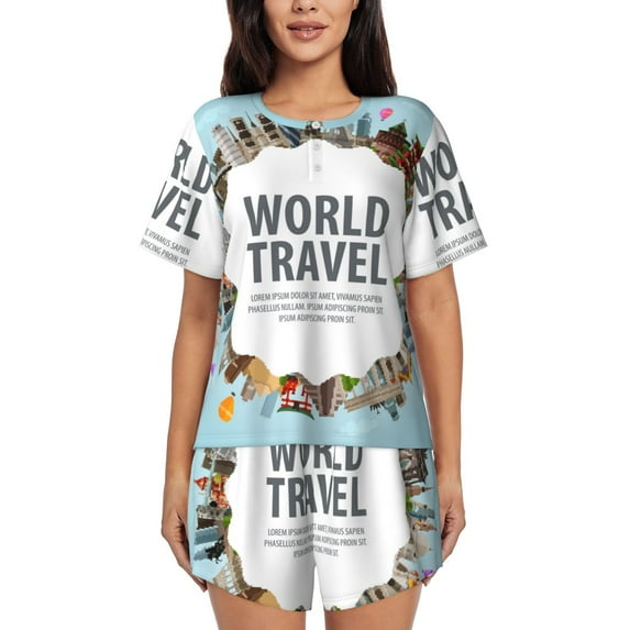 Bixox Women's World Travel Printed Pajama Set 2 Piece Lounge Set Top and Shorts Soft Pajamas, Shorts with Pockets