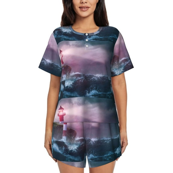 Bixox Women's lighthouse Waves Torrential Rain Printed Pajama Set 2 Piece Lounge Set Top and Shorts Soft Pajamas, Shorts with Pockets