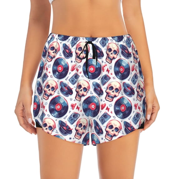 Bixox Women's record rock music Skull pattern 2 in 1 Running Shorts - Lightweight Athletic Workout Gym Yoga Shorts Liner with Pockets - Small