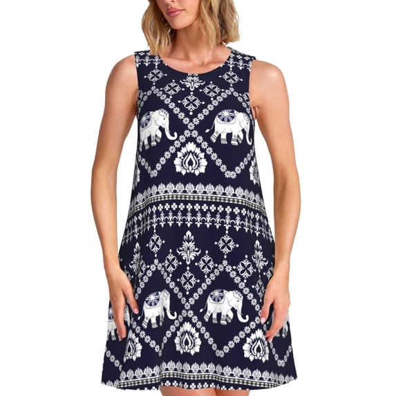Bixox elephants Print Women's Sleeveless A-Line Dress with Pockets, Casual Knee-Length Tank Dress for Summer-Medium