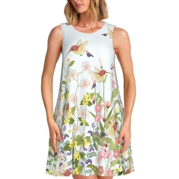 Bixox hummingbird in floral Print Women's Sleeveless A-Line Dress with Pockets, Casual Knee-Length Tank Dress for Summer-Medium