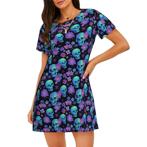 Bixox purple flower blue Skull Pattern Women's Nightgown, Soft & Breathable Sleepwear, Round Neck Knee-Length Pajama Dress,Loungewear for Home & Sleep
