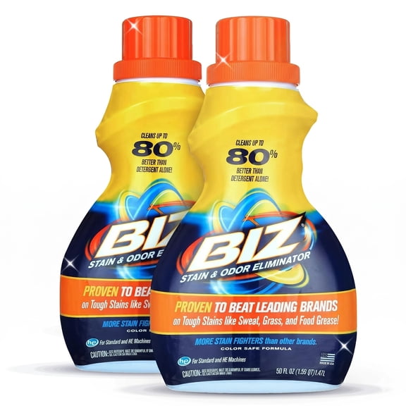 Biz Laundry Detergent Liquid Booster, Stain and Odor Eliminator for Tough Stains Like Sweat Grass and Food Grease, Best Stain Remover for Clothes, Color Safe, Bleach Free, 2 Pack, 100 fl oz Total