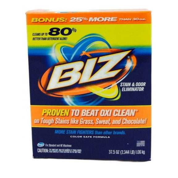 Biz Powder Stain and Odor Eliminator on Tough Stains like Sweat, Grass, and Food Grease, 37.5 Oz