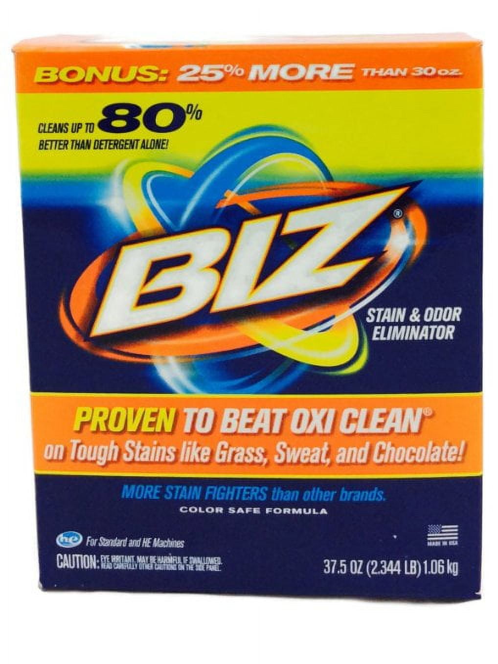 Biz Powder Stain and Odor Eliminator on Tough Stains like Sweat, Grass
