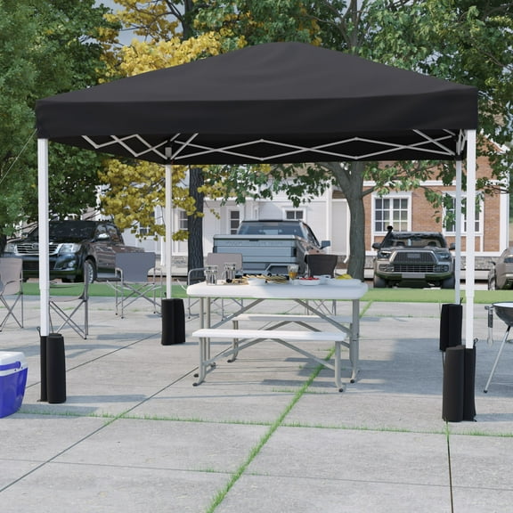 BizChair 10'x10' Black Pop Up Event Straight Leg Canopy Tent with Sandbags and Wheeled Case