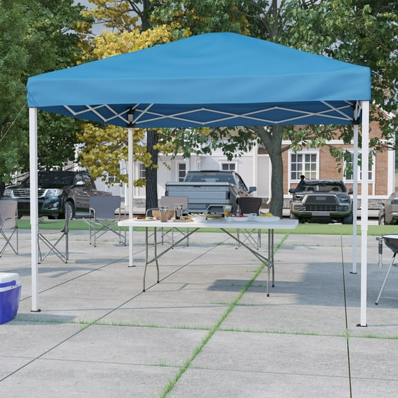 BizChair 10'x10' Blue Pop Up Event Canopy Tent with Carry Bag and 6-Foot Bi-Fold Folding Table with Carrying Handle - Tailgate Tent Set