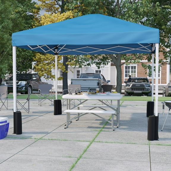 BizChair 10'x10' Blue Pop Up Event Canopy Tent with Wheeled Case and Folding Bench Set - Portable Tailgate, Camping, Event Set