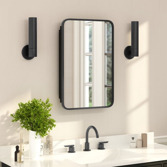BizChair 16" x 24" Recessed Bathroom Medicine Cabinet with Rounded Beveled Mirror and Reversible Metal Frame in Black