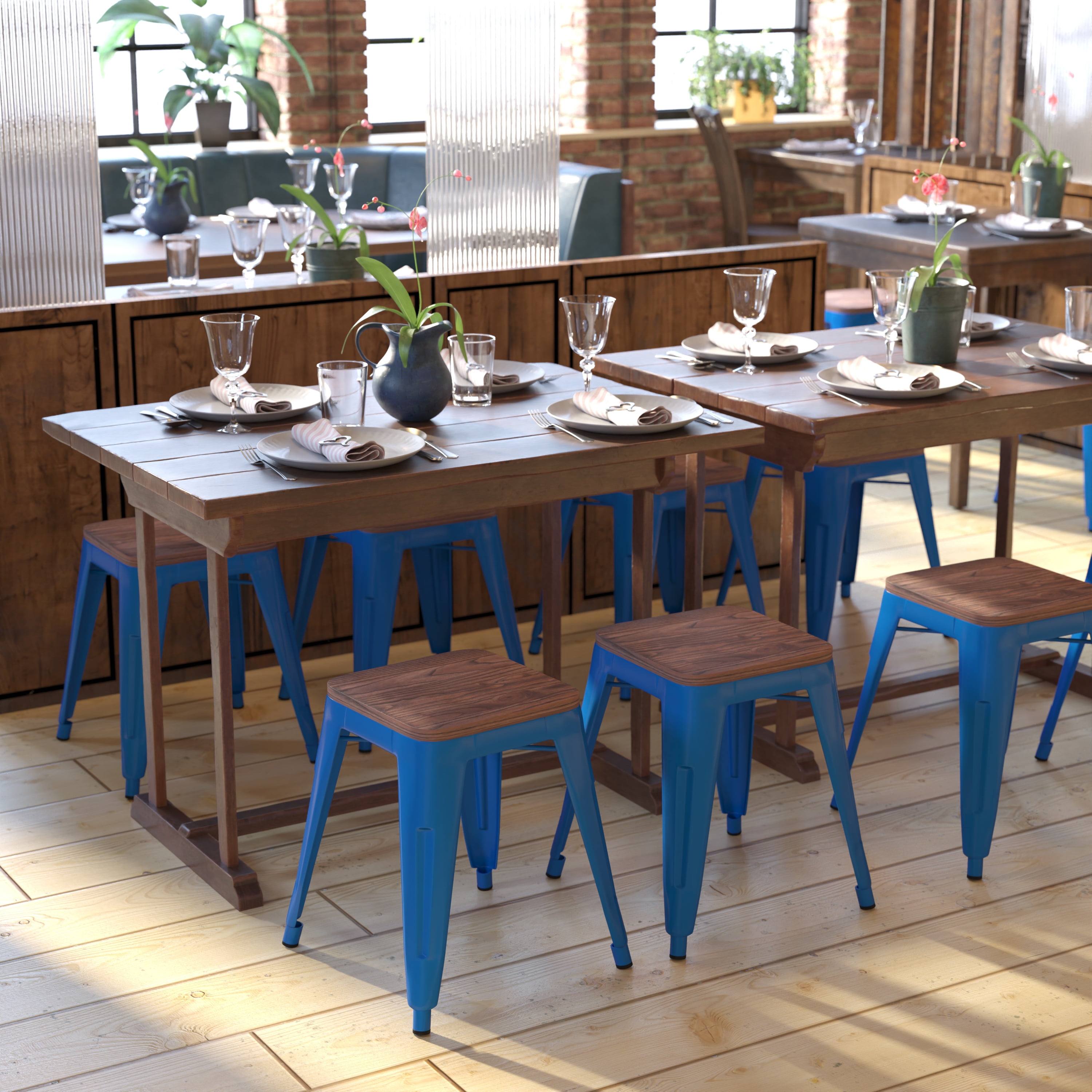 Royal Blue Steel and Wood 18" Stackable Dining Stools, Set of 4