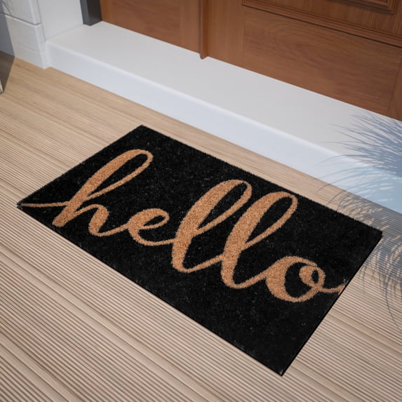 BizChair 18" x 30" Indoor/Outdoor Black Coir Doormat with Natural Hello Message and Non-Slip Backing