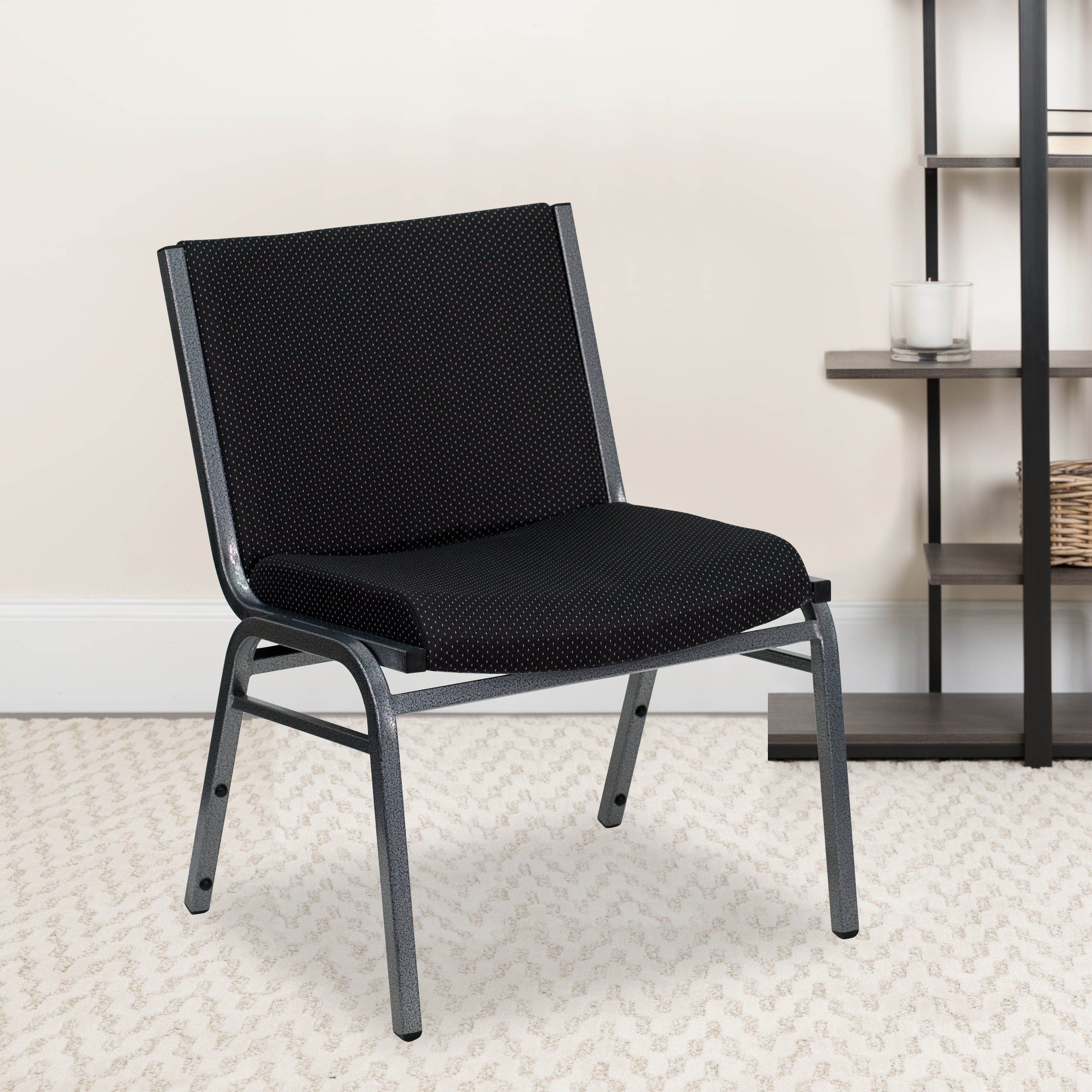 Contemporary Black Fabric & Silver Metal Stackable Chair Duo