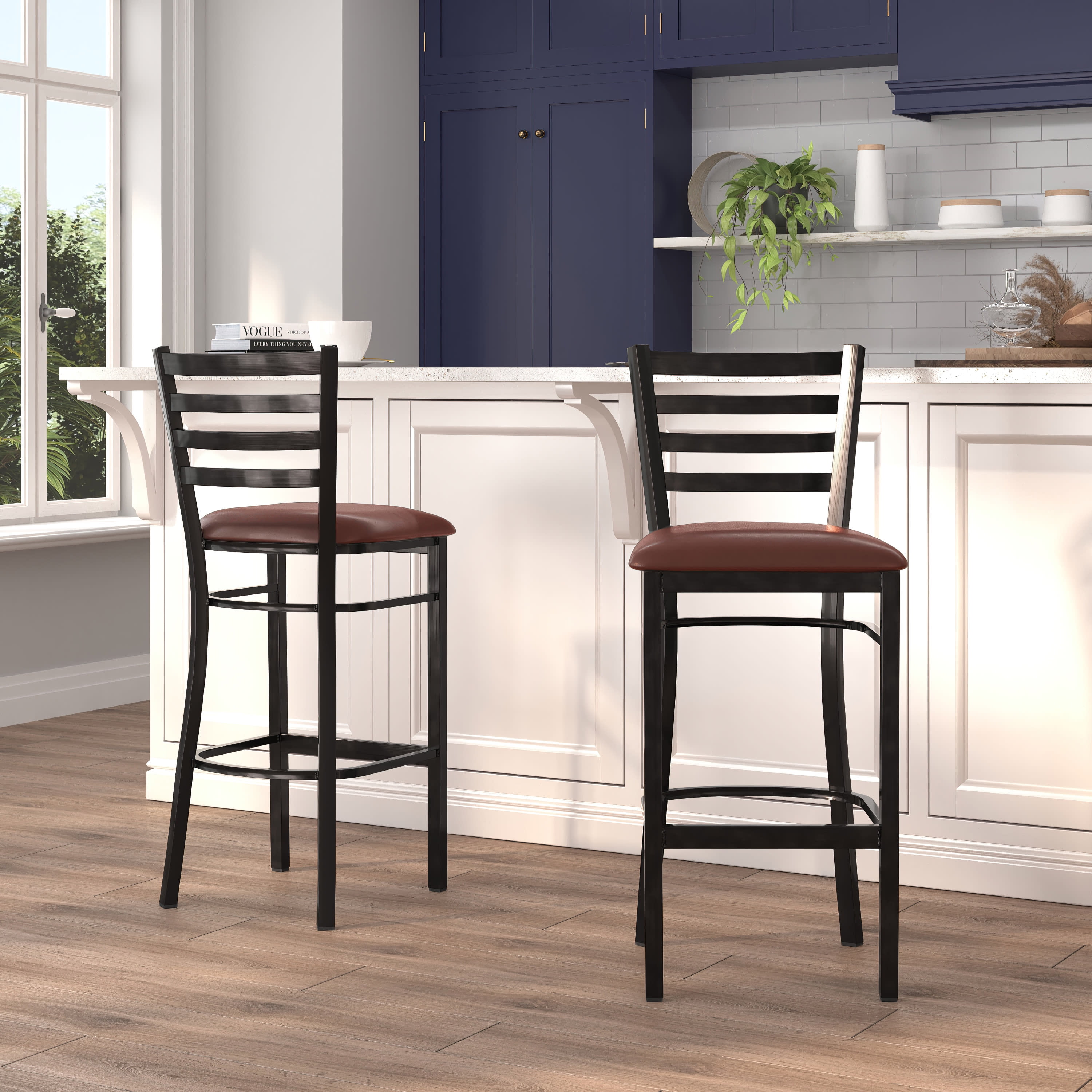 Red Metal and Wood Ladder Back Barstool with Vinyl Seat